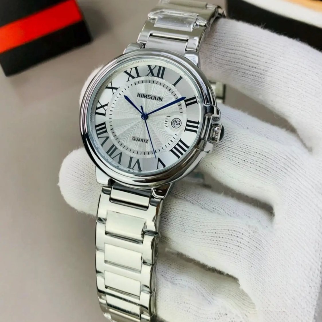 KIMSDUN Gold Stainless Steel Wrist Watch for Men - Roman Dial Quartz Watch with Date Display